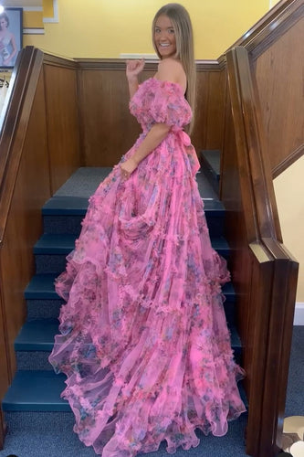 Schulterfreies Rosa Langes Ballkleid mit Blumenmuster und Rüschen