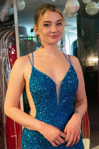 Meerjungfrau Blaue Pailletten Lange Ballkleid mit Schlitz