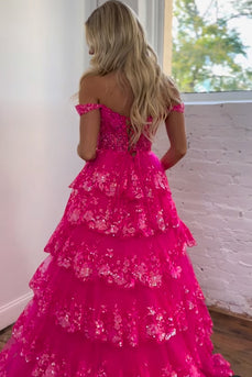 Glitzerndes Fuchsia Korsett Schulterfrei Spitze Langes Abendkleid