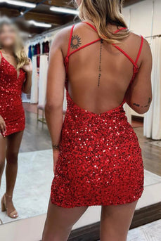 Funkelndes Rotes Rückenfreies Enges Pailletten Cocktailkleid mit Schlitz