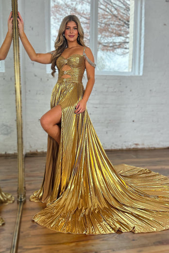 Funkelndes Goldenes A-Linie Metallic Plissiertes Langes Abendkleid mit Schlitz