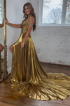 Funkelndes Goldenes A-Linie Metallic Plissiertes Langes Abendkleid mit Schlitz