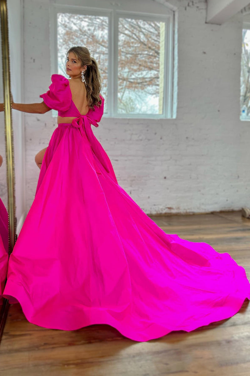 Laden Sie das Bild in den Galerie-Viewer, Fuchsia A-Linie Kurzarm Langes Abendkleid mit Schlitz