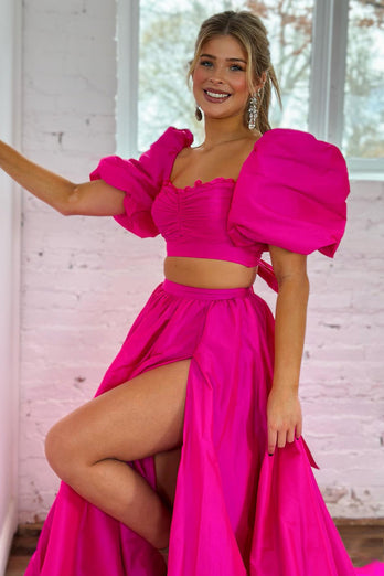 Fuchsia A-Linie Kurzarm Langes Abendkleid mit Schlitz