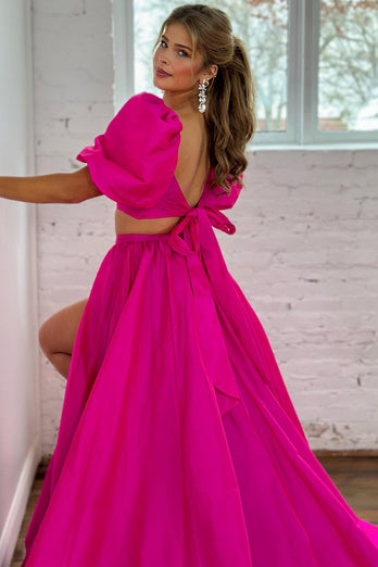 Fuchsia A-Linie Kurzarm Langes Abendkleid mit Schlitz