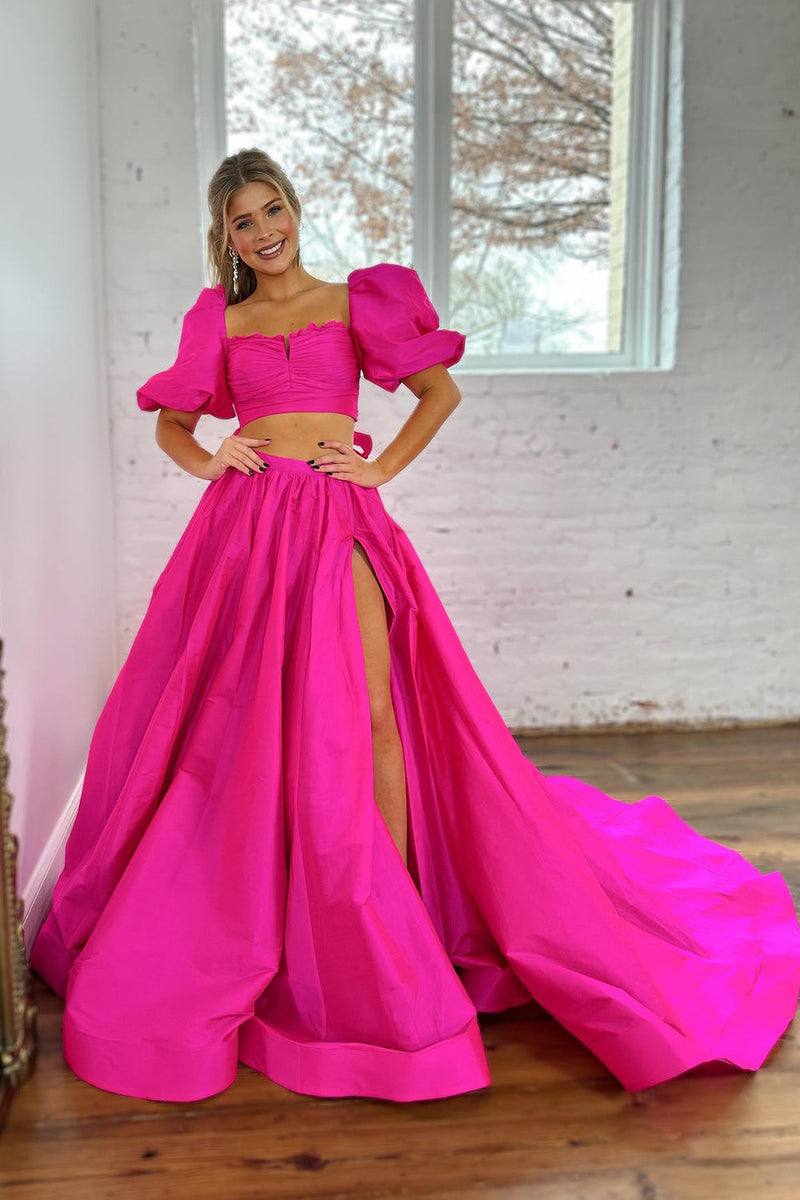 Laden Sie das Bild in den Galerie-Viewer, Fuchsia A-Linie Kurzarm Langes Abendkleid mit Schlitz