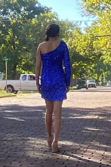 Blaues Eine- Schulter Pailletten-Partykleid mit Ärmeln