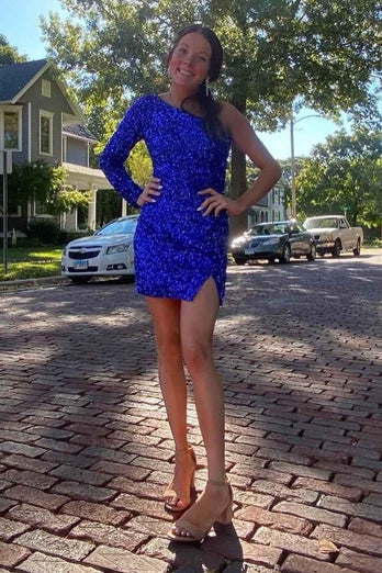 Blaues Eine- Schulter Pailletten-Partykleid mit Ärmeln