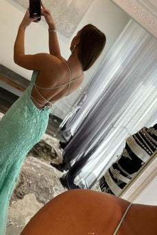 Mint Spaghettiträger Lange Rückenfreies Ballkleid mit Applikationen