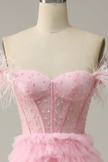 Schulterfreies Rosa A-Linie Langes Ballkleid im Prinzessin-Stil mit Schlitz