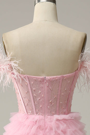 Schulterfreies Rosa A-Linie Langes Ballkleid im Prinzessin-Stil mit Schlitz