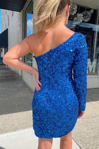 Blaues Eine- Schulter Pailletten-Partykleid mit Ärmeln