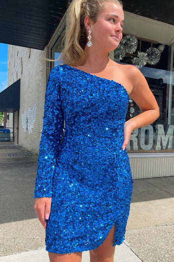 Blaues Eine- Schulter Pailletten-Partykleid mit Ärmeln