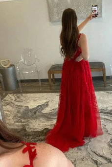 Rote Schulterfreies Langes Ballkleid mit Applikationen und Schlitz