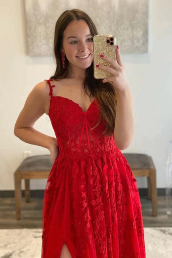 Rote Schulterfreies Langes Ballkleid mit Applikationen und Schlitz