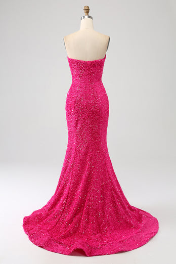 Fuchsia Herzausschnitt Pailletten Meerjungfrau Ballkleid mit Pinsel Schleppe