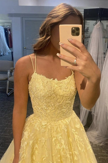 Champagne A-Linie Spaghettiträger Lange Ballkleid mit Applikationen