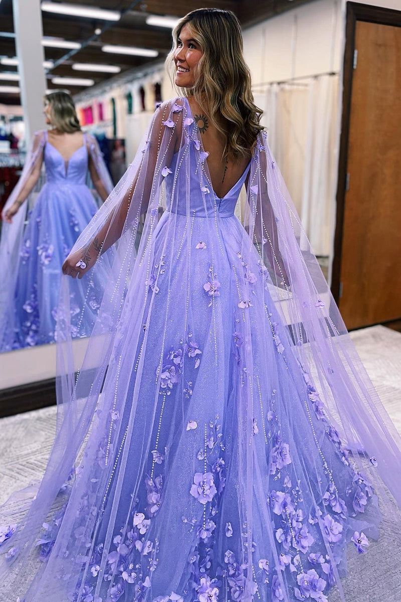 Laden Sie das Bild in den Galerie-Viewer, Glitzerndes Lila A Linien Tüll Abendkleid mit 3D-Blumen