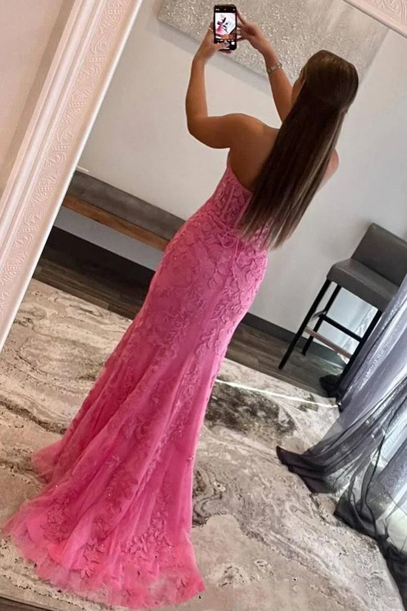 Laden Sie das Bild in den Galerie-Viewer, Herzchen Rosa Korsett Spitze Meerjungfrau Lange Abendkleid mit Schlitz