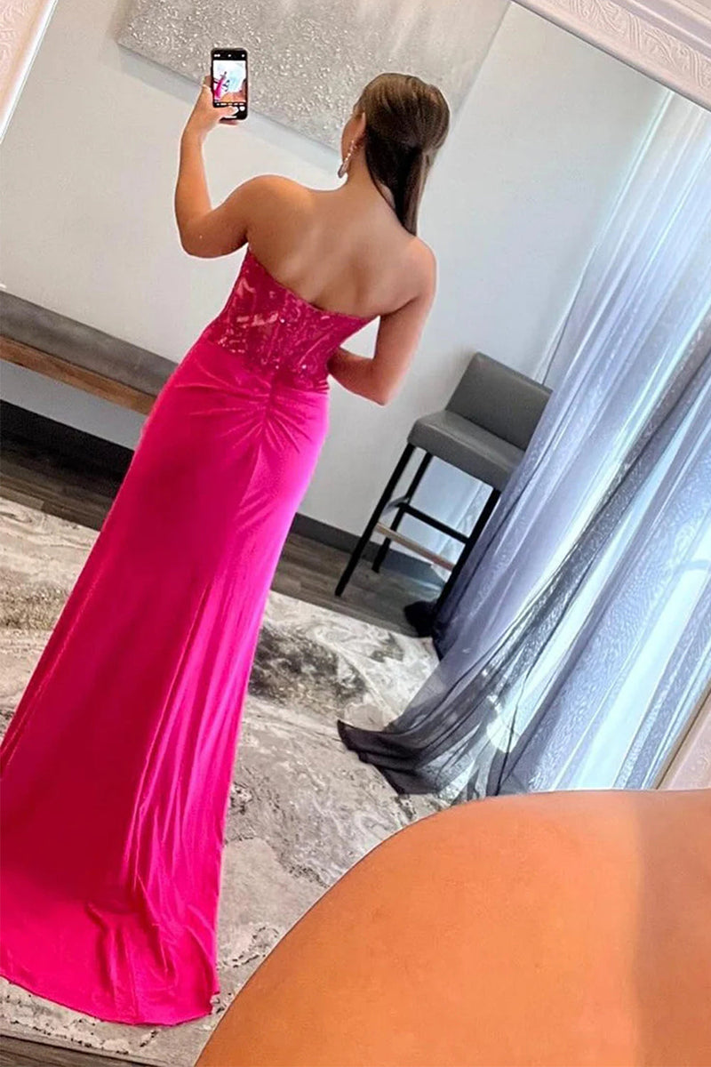 Laden Sie das Bild in den Galerie-Viewer, Glitzerndes Heißes Rosa Schatz Korsett Lange Ballkleid mit Schlitz