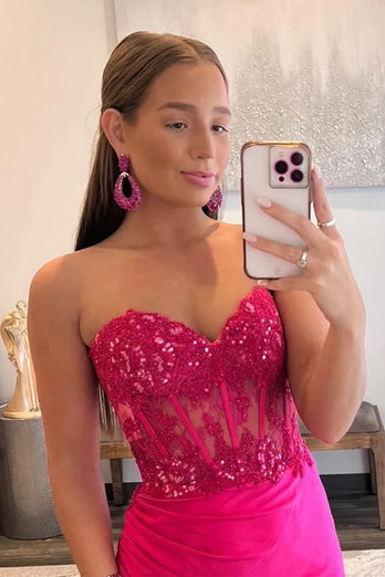 Glitzerndes Heißes Rosa Schatz Korsett Lange Ballkleid mit Schlitz