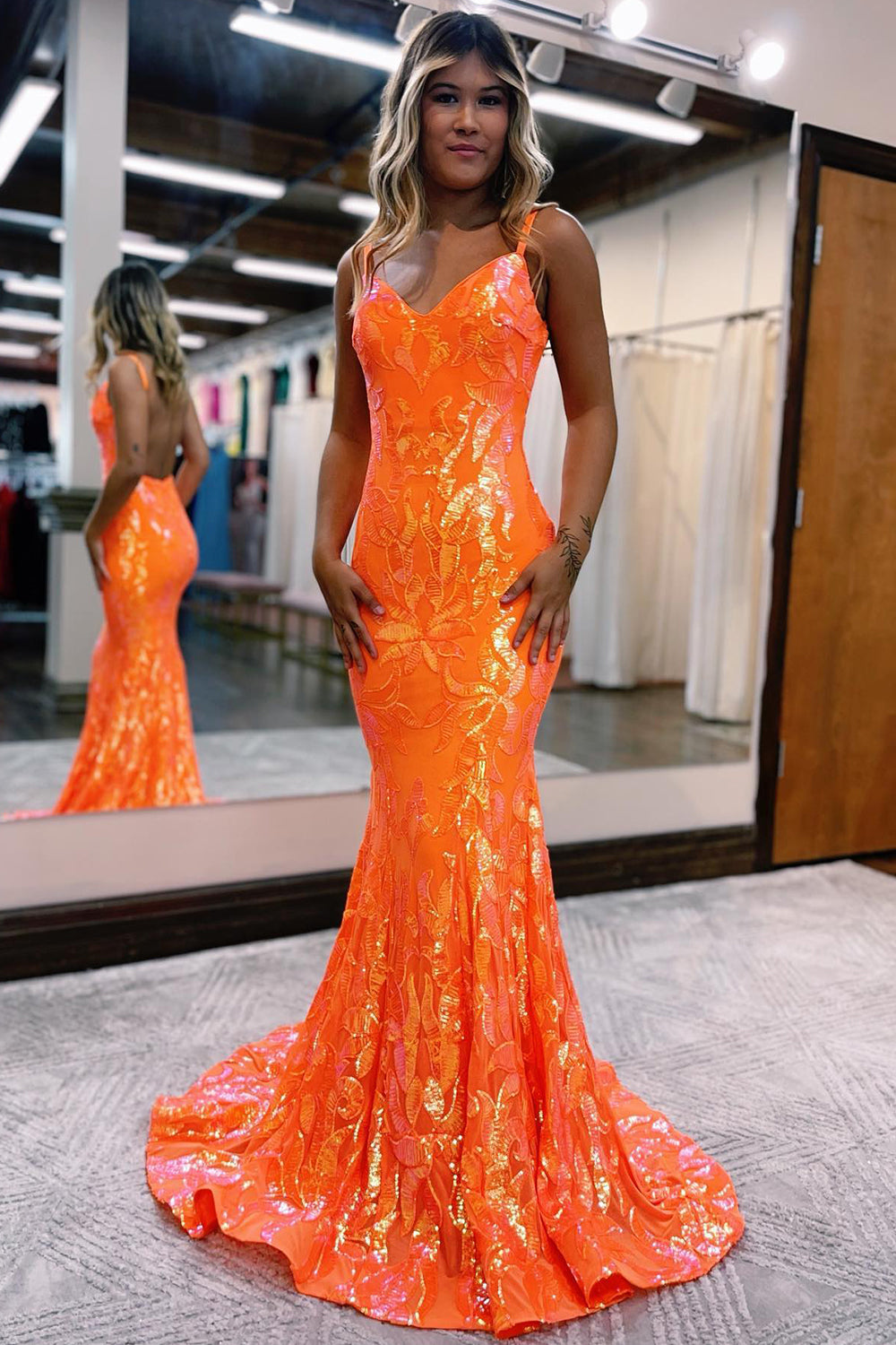 Orange Glitzerndes Meerjungfrau Pailletten Langes Ballkleid