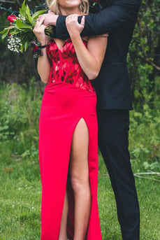 Glitzerndes Rotes Meerjungfrau Spiegel-Lange Abendkleid mit Schlitz