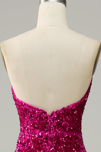 Fuchsia trägerloses Pailletten Abendkleid mit Schlitz