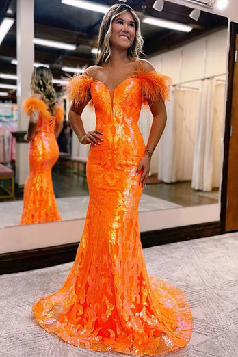 Glitzerndes Orange Langes Meerjungfrau Ballkleid mit Federn