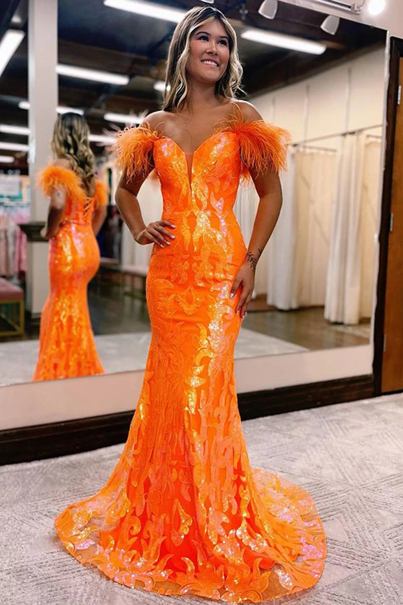 Laden Sie das Bild in den Galerie-Viewer, Glitzerndes Orange Langes Meerjungfrau Ballkleid mit Federn