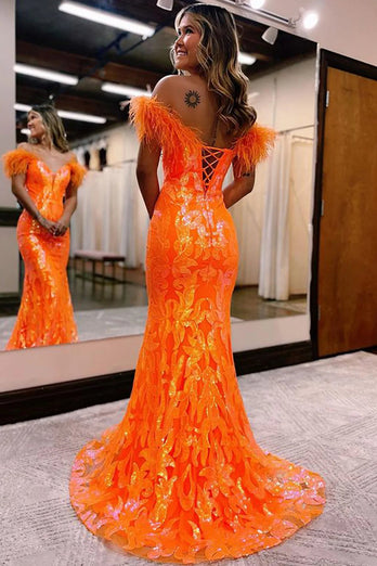 Glitzerndes Orange Langes Meerjungfrau Ballkleid mit Federn