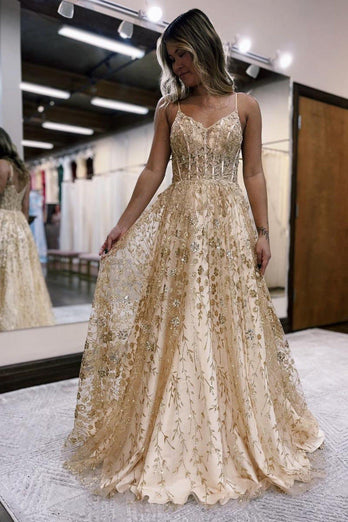 Glitzerndes Flieder Spaghettiträger Langes Abendkleid mit Applikationen