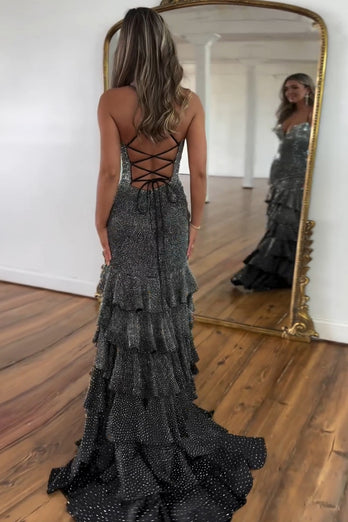 Glitzerndes Spaghettiträger Schwarzes Meerjungfrau Abendkleid mit Rüschen