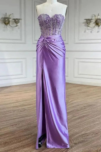 Glitzer Lila Trägerlos Meerjunfrau Lange Abendkleid mit Schlitz