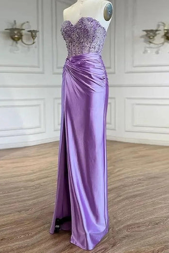 Glitzer Lila Trägerlos Meerjunfrau Lange Abendkleid mit Schlitz