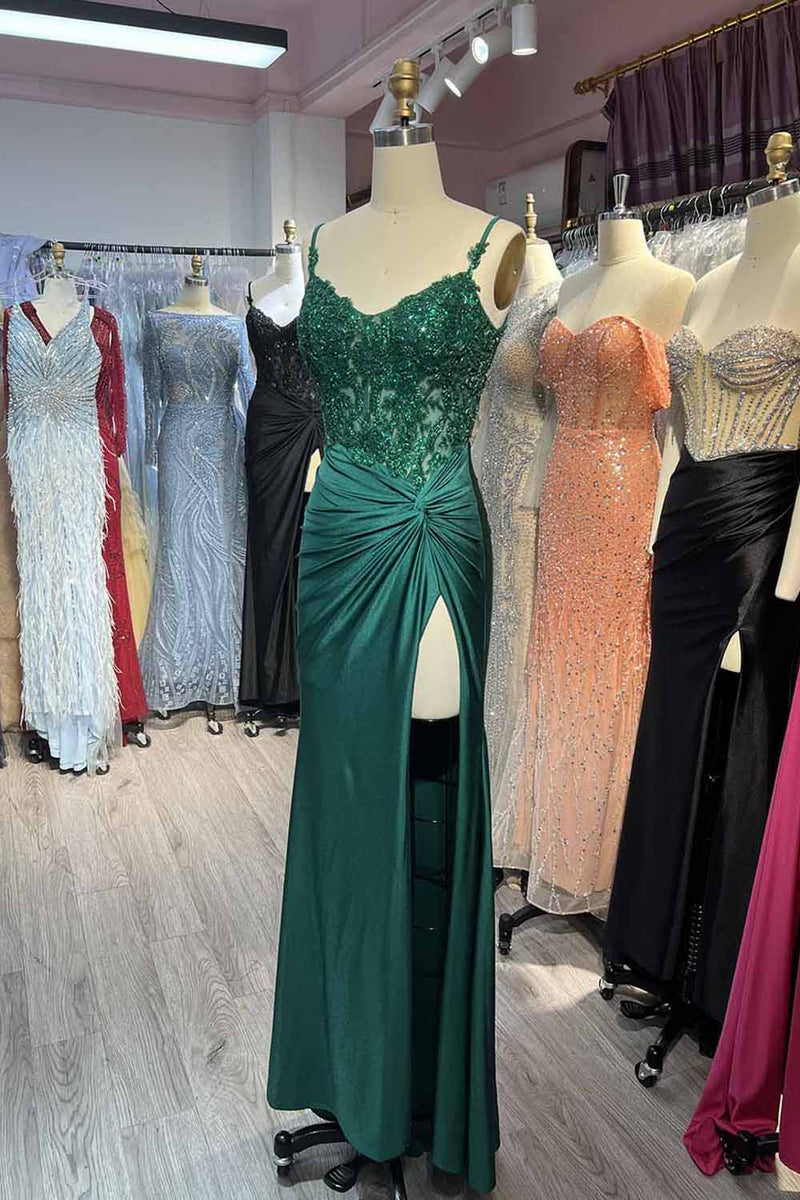 Laden Sie das Bild in den Galerie-Viewer, Glitzer Grüne Spaghettiträger Meerjungfrau Lange Abendkleid Mit Schlitz