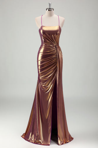 Glitzer Golden Meerjungfrau Metallisches Plisseekleid Langes Abendkleid mit Schlitz