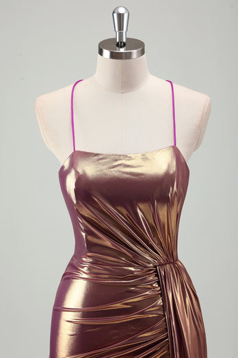 Glitzer Golden Meerjungfrau Metallisches Plisseekleid Langes Abendkleid mit Schlitz