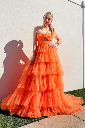 A Linie Orange Spaghettiträger Gestufte Tüll Lange Abendkleid