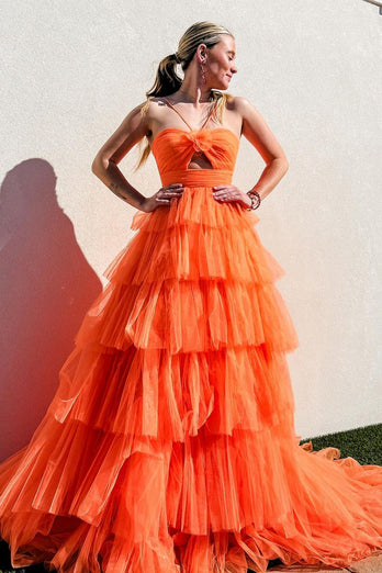 A Linie Orange Spaghettiträger Gestufte Tüll Lange Abendkleid