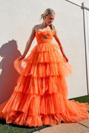 A Linie Orange Spaghettiträger Gestufte Tüll Lange Abendkleid