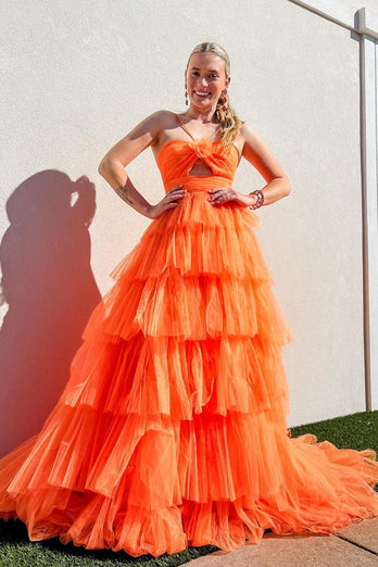 A Linie Orange Spaghettiträger Gestufte Tüll Lange Abendkleid