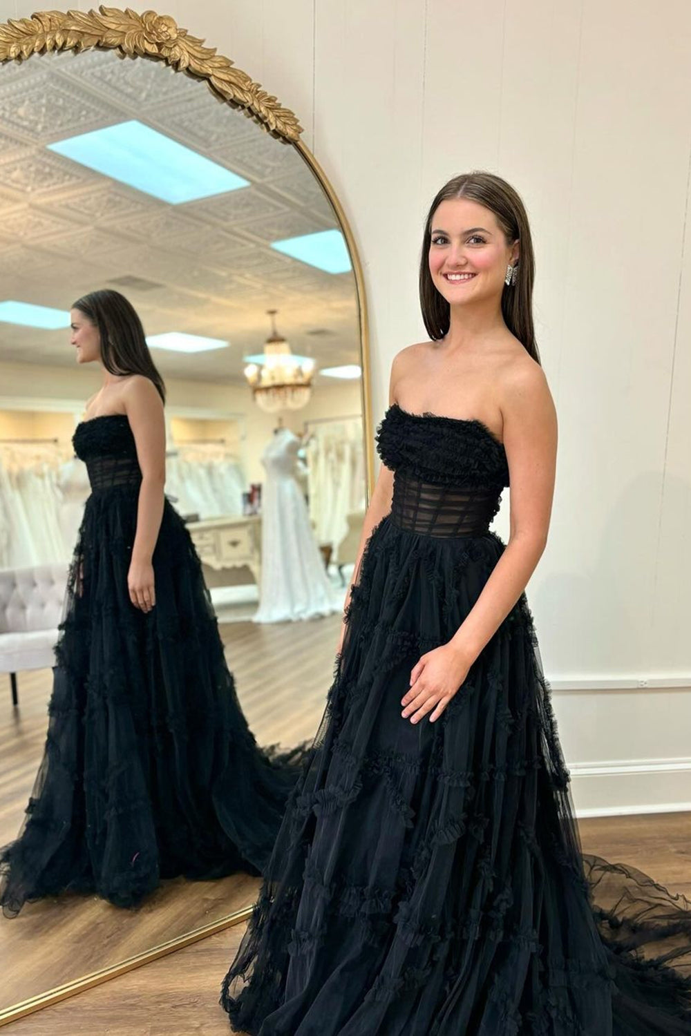 A Linie Schwarze Trägerlos Korsett Tulle Lange Abendkleid mit Spitze