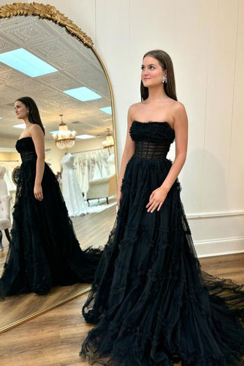 A Linie Schwarze Trägerlos Korsett Tulle Lange Abendkleid mit Spitze