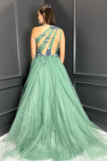 Grün Eine Schulter Trägerlos Tulle Lange Abendkleid mit Blumen