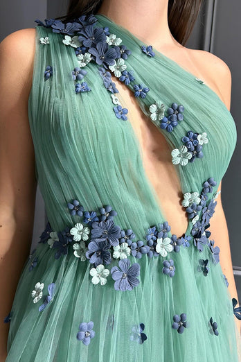 Grün Eine Schulter Trägerlos Tulle Lange Abendkleid mit Blumen