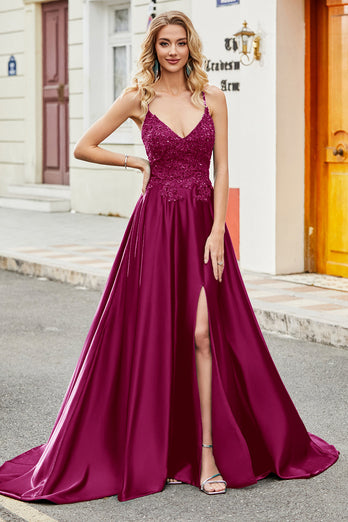 Fuchsia A-Linie Spaghettiträger Abendkleid mit Applikationen