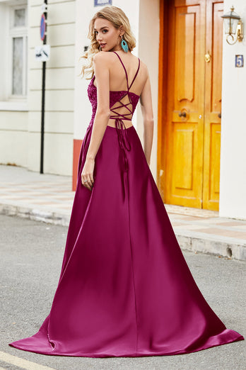 Fuchsia A-Linie Spaghettiträger Abendkleid mit Applikationen