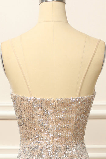 Glitzernde Langes Spaghettiträger Ballkleid mit silbernen Pailletten und Schlitz