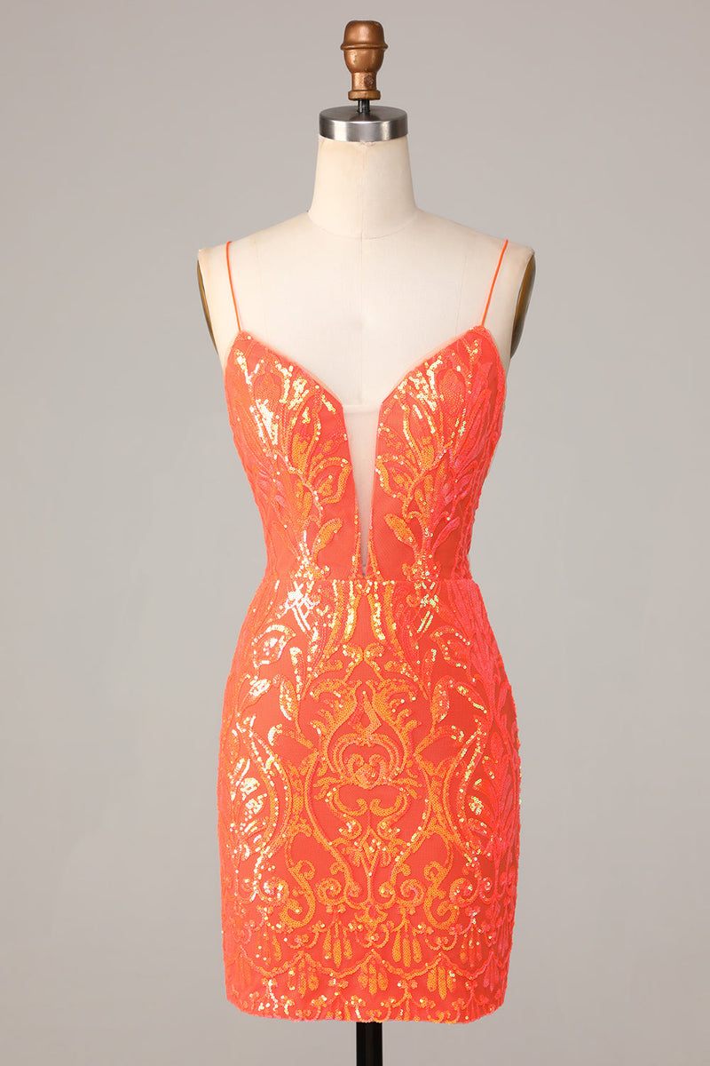 Laden Sie das Bild in den Galerie-Viewer, Sparkle &#39;til Dawn Bodycon Spaghettiträger Orange Pailletten Kurzes Cocktailkleid